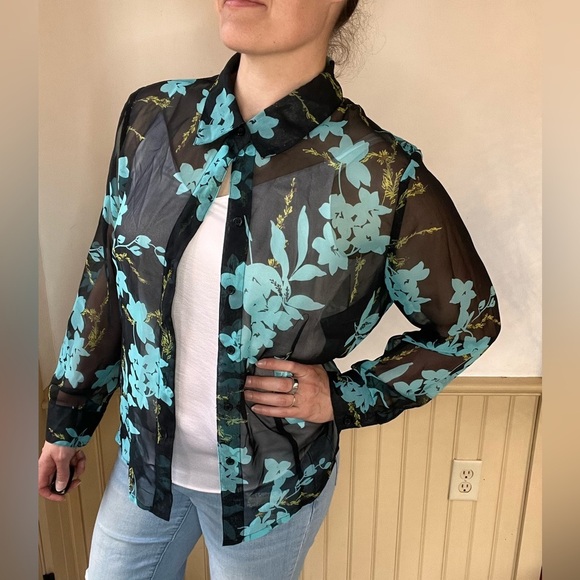 croft & barrow Tops - Croft & Barrow Sheer Mesh Floral Blouse Black Y2K Grunge Fairycore XL Whimsigoth